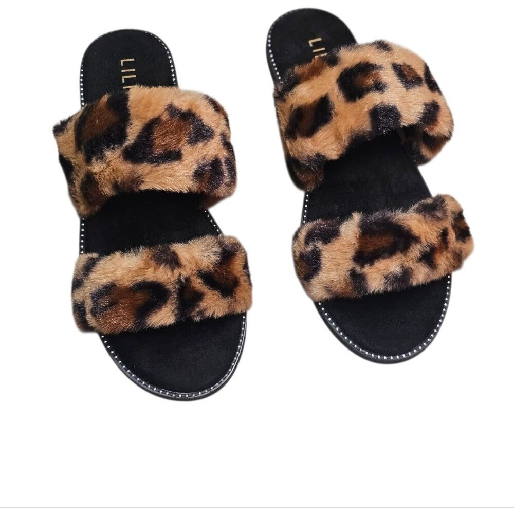 Leopard Print Faux Fur Double Strap Slides Chic Womens Indoor/Outdoor Footwear - Picture 2 of 6